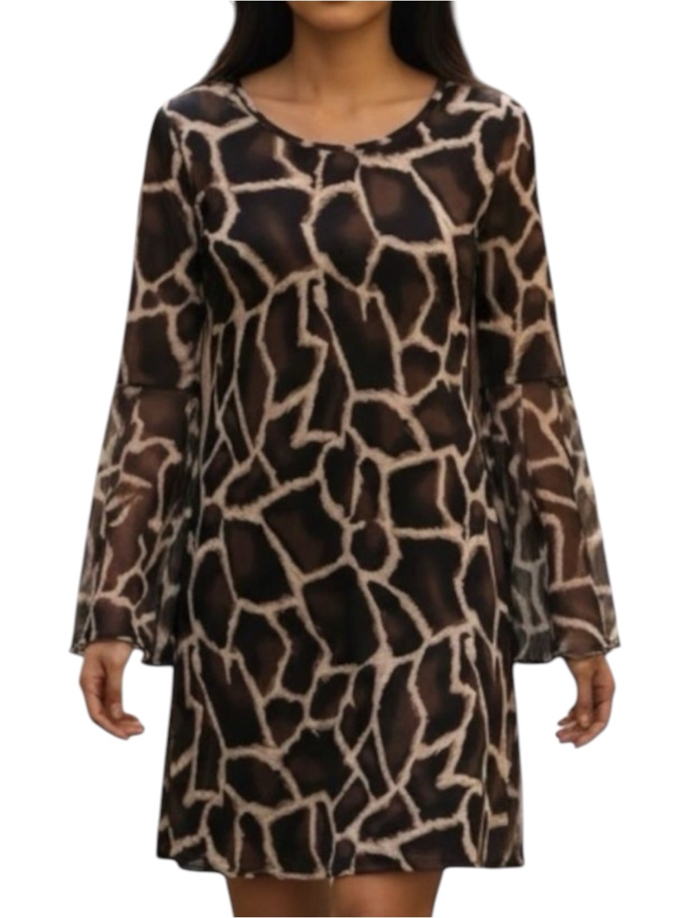 MSK Brown Black Cream Giraffe Animal Print Bell Sleeves Dress NWT Size S